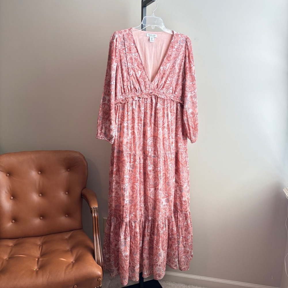 Rachel Zoe Maxi Dress M Medium Peach Paisley Print Long Sleeve Bohemian Casual